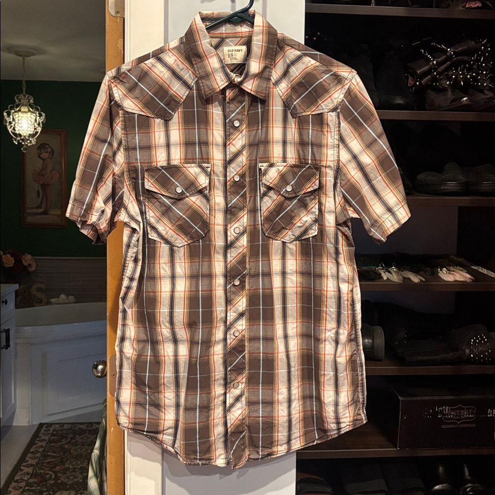 Old Navy Brown Plaid Button Down Western Shirt - Short Sleeve Size Small